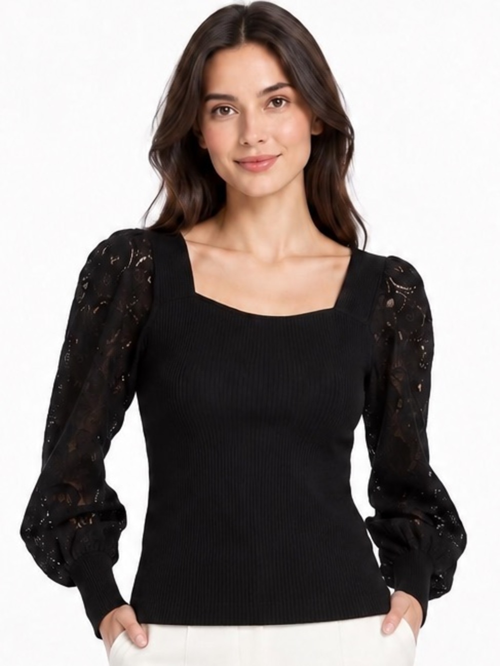 Elie Tahari Waverly Black Stretchy Ribbed Lace Puff Sleeve Sweater Size L Chic